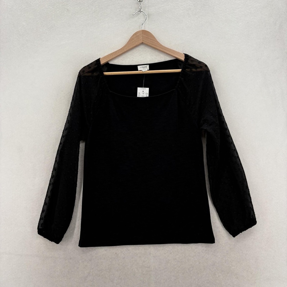 J.Crew Square Neck Top Sheer Clip Dot Sleeves Womens XS Black Knit Balloon NWT